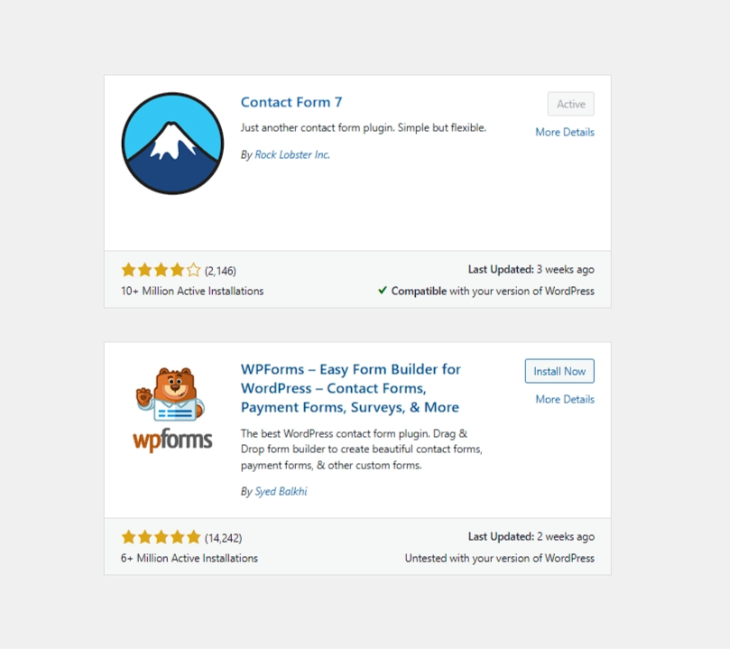 Contact Form 7- ja WP Forms-lomakelisäosien aktiiviset asennukset joulukuussa 2025. Contact Form 7- ja WP Forms-lomakelisäosien aktiiviset asennukset joulukuussa 2025.