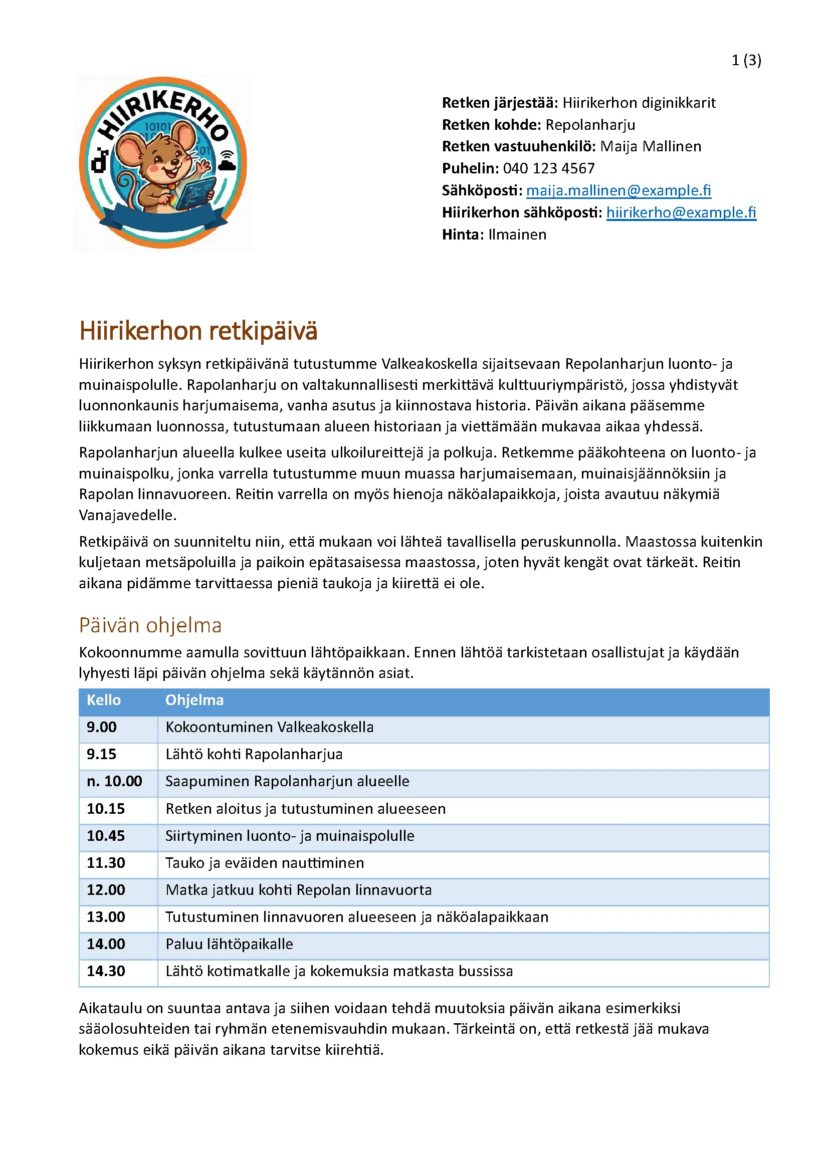 Yhdistyksen retken suunnitelma