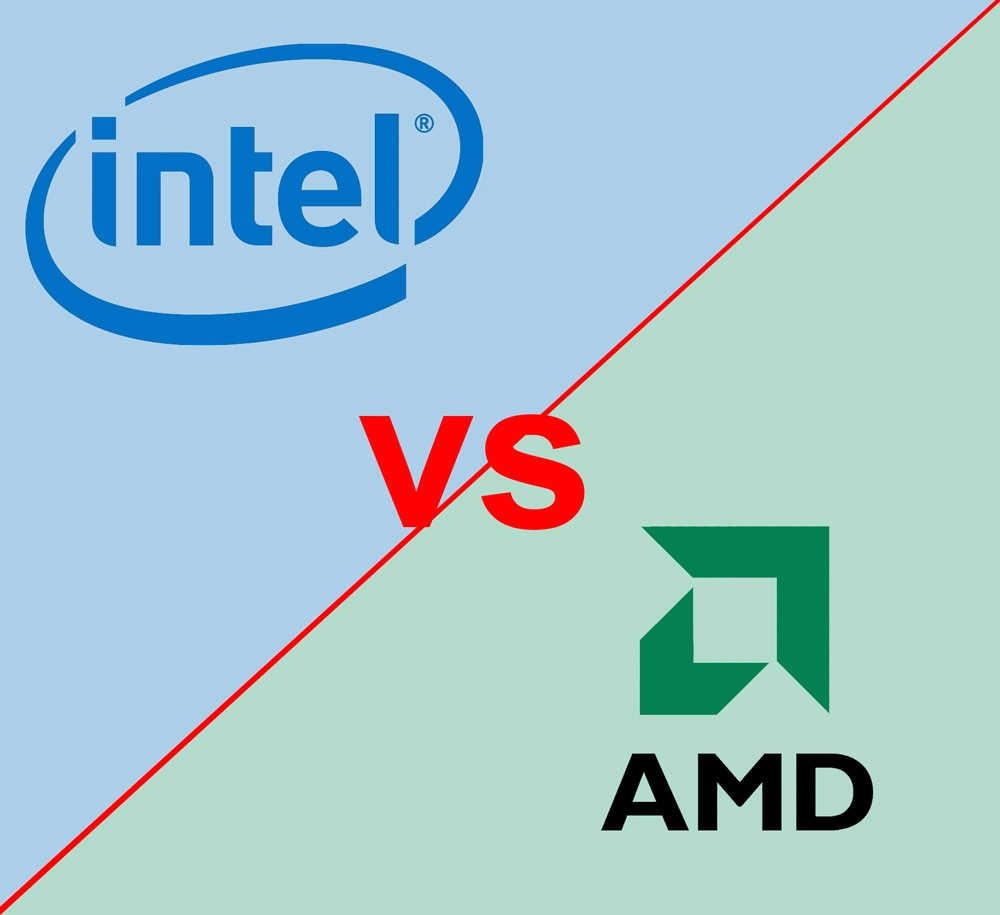 Prosessorien valimistajat Intel ja AMD.