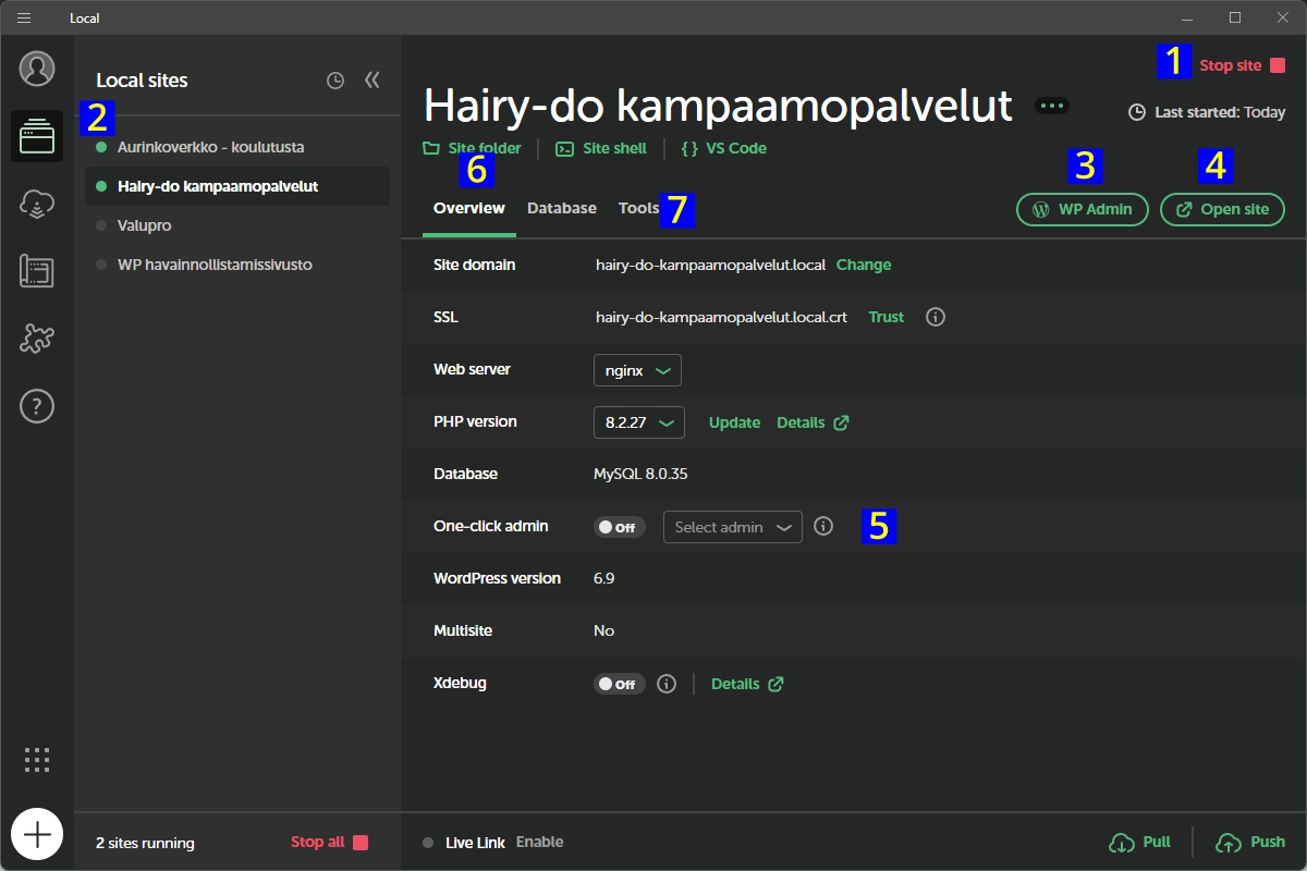 Localin käyttöliittymän tärkeimmät toiminnot. Localin käyttöliittymän tärkeimmät toiminnot.
