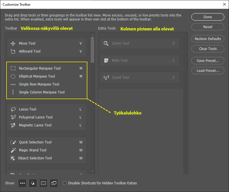 Työkalujen valintaikkuna Työkalujen valintaikkuna