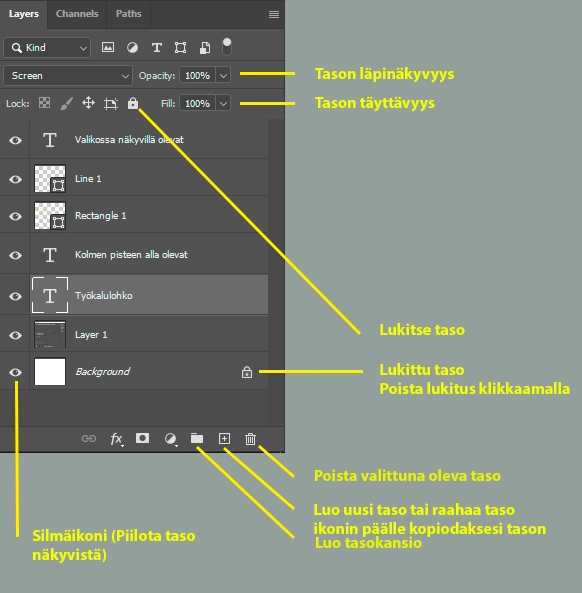 Tasojen säätöpaneelin toimintoja Tasojen säätöpaneelin toimintoja