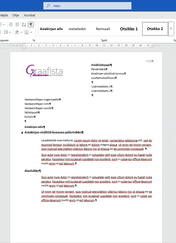 SFS 2487:2024 -asiakirjastandardin mukaisesti aseteltu asiakirjamalli MS Wordissa.