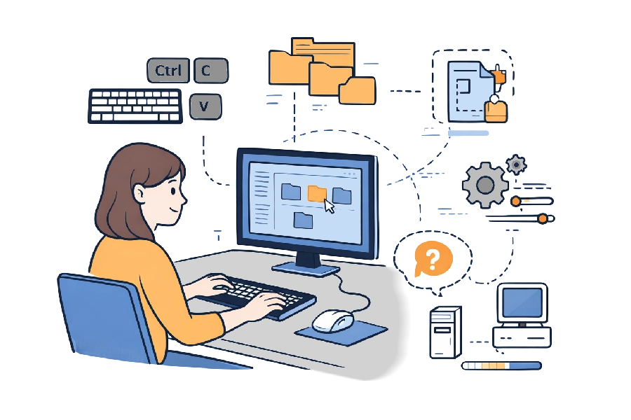 tyttö ja tietokone kuvituskuva.