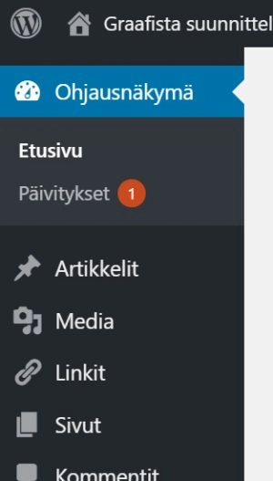 Hallintapaneelin päivitykset välilehdeltä löytyvät päivittämistä kaipaavat lisäosat, teemat ja WordPress-versio.