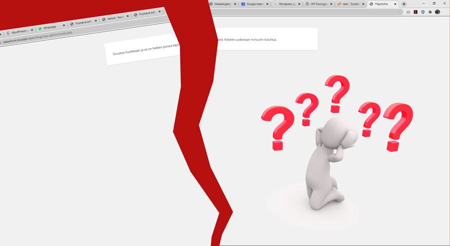 Päivittämisen keskeyttäminen saa sivustot lukkiutumaan ylläpitotilaan. Sellaista sattuu ja ongelma on korjattavissa palvelimelta. Päivittämisen keskeyttäminen saa sivustot lukkiutumaan ylläpitotilaan. Sellaista sattuu ja ongelma on korjattavissa palvelimelta.